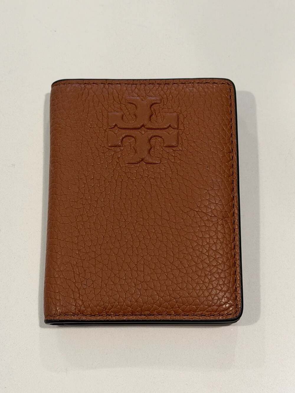 Tory Burch Brown Pebbled Leather Logo Card Case Wallet
